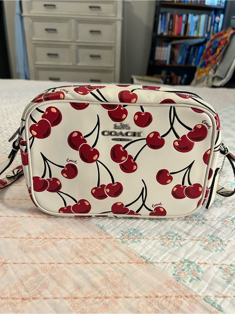 COACH Jamie Camera Bag With Cherry Print In Smooth Leather In Chalk Colorway GUC